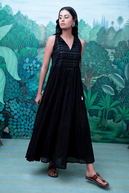 Myaara Black Cotton, Voile Round Flared Dress Online at Aza Fashions Myaara_Black Cotton, Voile Round Flared Dress _Online_at_Aza_Fashions