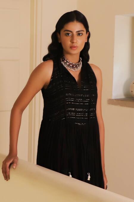 Shop Myaara Black Cotton, Voile Round Flared Dress Online at Aza Fashions Shop_Myaara_Black Cotton, Voile Round Flared Dress _Online_at_Aza_Fashions