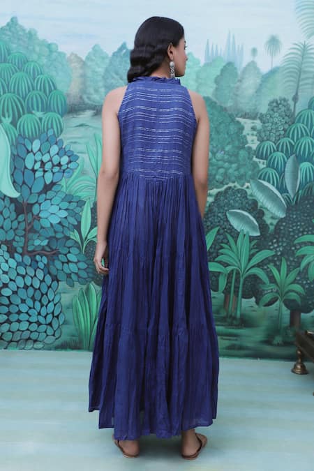 Shop Myaara Blue Cotton, Voile Round Flared Dress at Aza Fashions Shop_Myaara_Blue Cotton, Voile Round Flared Dress _at_Aza_Fashions