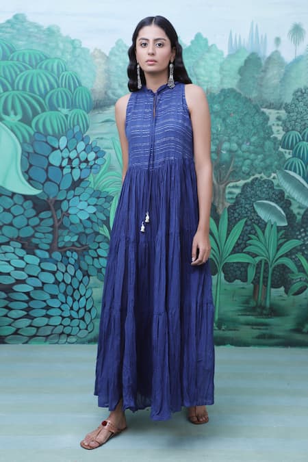 Myaara Blue Cotton, Voile Round Flared Dress Online at Aza Fashions Myaara_Blue Cotton, Voile Round Flared Dress _Online_at_Aza_Fashions