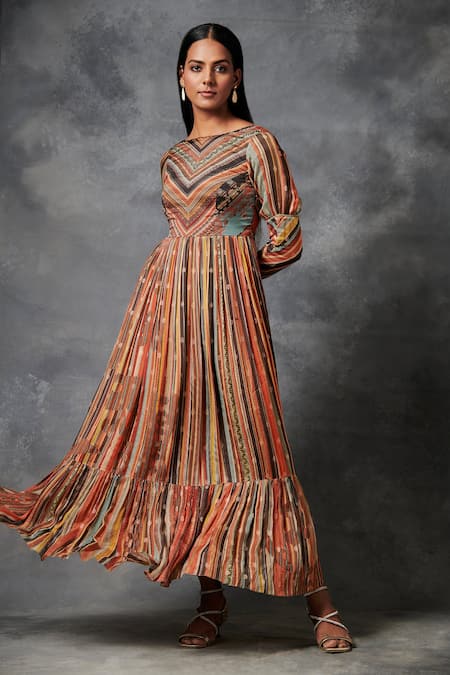 Saundh_Multi Color Chinon Chiffon Jacquard Striped Boat Myoko Patter Dress_Online_at_Aza_Fashions