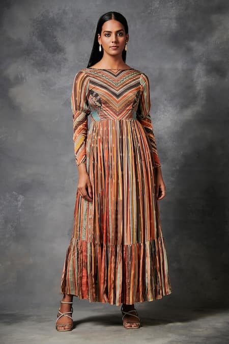 Buy_Saundh_Multi Color Chinon Chiffon Jacquard Striped Boat Myoko Patter Dress_Online_at_Aza_Fashions