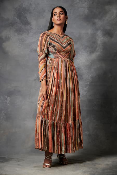 Shop_Saundh_Multi Color Chinon Chiffon Jacquard Striped Boat Myoko Patter Dress_Online_at_Aza_Fashions