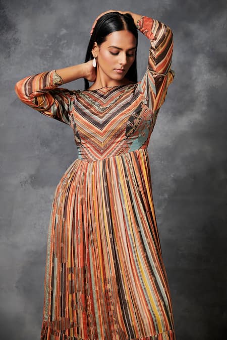Saundh_Multi Color Chinon Chiffon Jacquard Striped Boat Myoko Patter Dress_at_Aza_Fashions