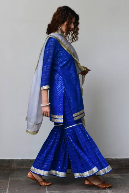 Myaara Blue Kurta Cotton Lurex Dupatta Organza Lining Embroidered Sharara Set Online at Aza Fashions Myaara_Blue Kurta Cotton Lurex Dupatta Organza Lining Embroidered Sharara Set _Online_at_Aza_Fashions
