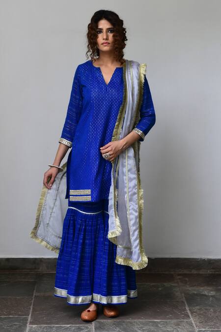 Buy Myaara Blue Kurta Cotton Lurex Dupatta Organza Lining Embroidered Sharara Set Online at Aza Fashions Buy_Myaara_Blue Kurta Cotton Lurex Dupatta Organza Lining Embroidered Sharara Set _Online_at_Aza_Fashions
