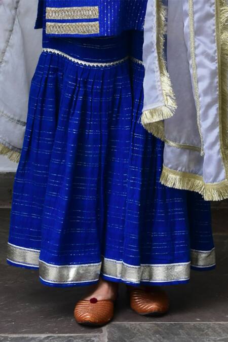 Myaara Blue Kurta Cotton Lurex Dupatta Organza Lining Embroidered Sharara Set at Aza Fashions Myaara_Blue Kurta Cotton Lurex Dupatta Organza Lining Embroidered Sharara Set _at_Aza_Fashions