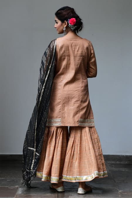 Shop Myaara Beige Kurta Cotton Lurex Dupatta Organza Lining Embroidered Sharara Set at Aza Fashions Shop_Myaara_Beige Kurta Cotton Lurex Dupatta Organza Lining Embroidered Sharara Set _at_Aza_Fashions