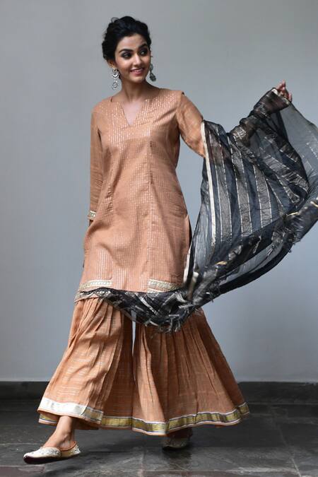 Myaara Beige Kurta Cotton Lurex Dupatta Organza Lining Embroidered Sharara Set Online at Aza Fashions Myaara_Beige Kurta Cotton Lurex Dupatta Organza Lining Embroidered Sharara Set _Online_at_Aza_Fashions