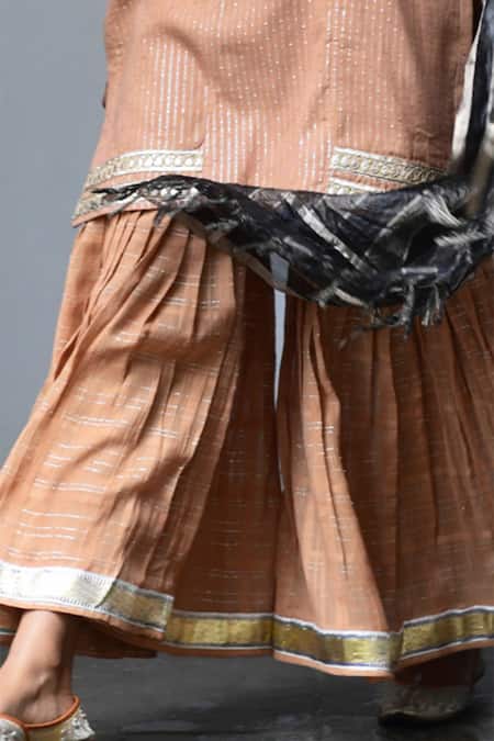 Myaara Beige Kurta Cotton Lurex Dupatta Organza Lining Embroidered Sharara Set at Aza Fashions Myaara_Beige Kurta Cotton Lurex Dupatta Organza Lining Embroidered Sharara Set _at_Aza_Fashions