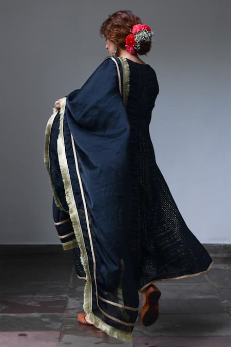 Shop Myaara Black Anarkali Cotton Lurex Dupatta Organza Lining Cotton Striped Set at Aza Fashions Shop_Myaara_Black Anarkali Cotton Lurex Dupatta Organza Lining Cotton Striped Set _at_Aza_Fashions