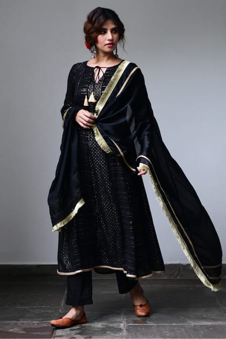 Myaara Black Anarkali Cotton Lurex Dupatta Organza Lining Cotton Striped Set Online at Aza Fashions Myaara_Black Anarkali Cotton Lurex Dupatta Organza Lining Cotton Striped Set _Online_at_Aza_Fashions