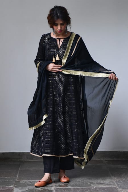Buy Myaara Black Anarkali Cotton Lurex Dupatta Organza Lining Cotton Striped Set Online at Aza Fashions Buy_Myaara_Black Anarkali Cotton Lurex Dupatta Organza Lining Cotton Striped Set _Online_at_Aza_Fashions