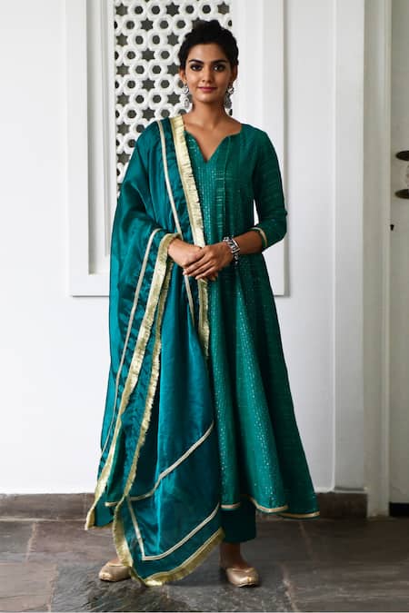 Myaara Green Anarkali Cotton Lurex Dupatta Organza Lining Cotton Striped Set 