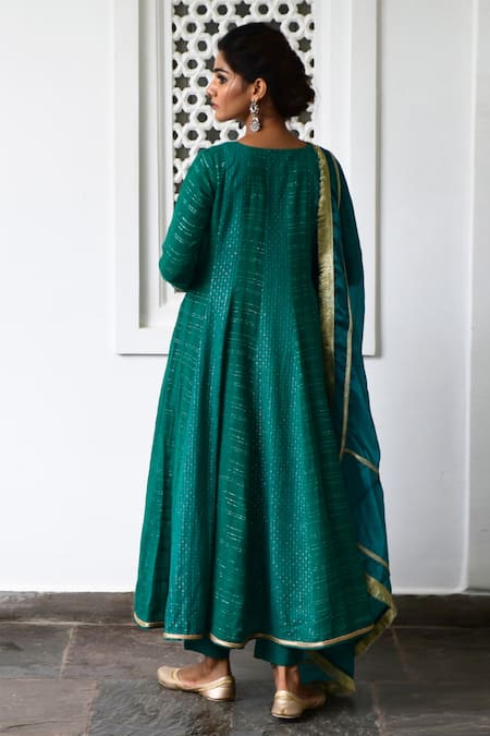 Shop Myaara Green Anarkali Cotton Lurex Dupatta Organza Lining Cotton Striped Set at Aza Fashions Shop_Myaara_Green Anarkali Cotton Lurex Dupatta Organza Lining Cotton Striped Set _at_Aza_Fashions