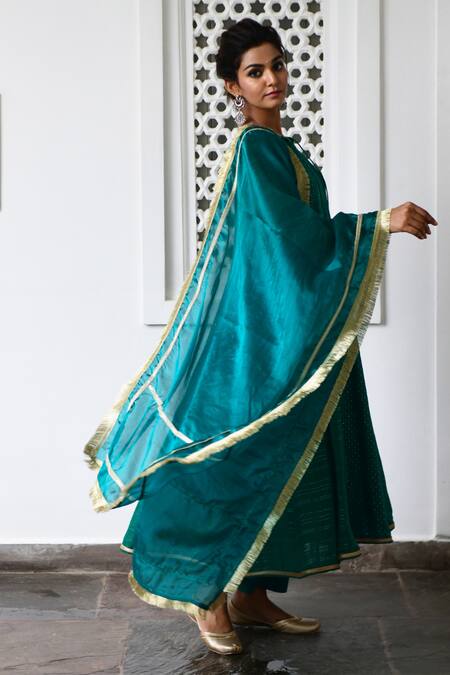 Myaara Green Anarkali Cotton Lurex Dupatta Organza Lining Cotton Striped Set Online at Aza Fashions Myaara_Green Anarkali Cotton Lurex Dupatta Organza Lining Cotton Striped Set _Online_at_Aza_Fashions