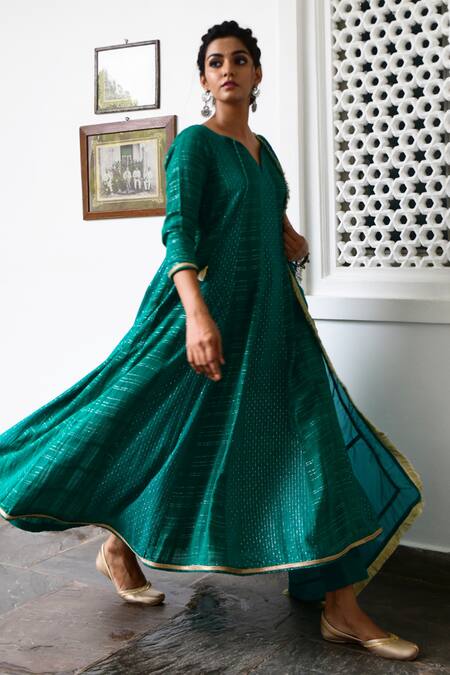 Buy Myaara Green Anarkali Cotton Lurex Dupatta Organza Lining Cotton Striped Set Online at Aza Fashions Buy_Myaara_Green Anarkali Cotton Lurex Dupatta Organza Lining Cotton Striped Set _Online_at_Aza_Fashions