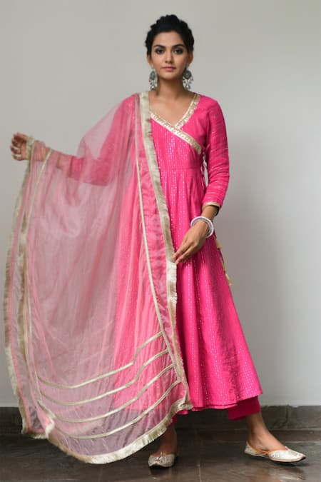 Myaara Pink Anarkali Cotton Lurex Dupatta Organza Lining Embroidered Angarkha Set Online at Aza Fashions Myaara_Pink Anarkali Cotton Lurex Dupatta Organza Lining Embroidered Angarkha Set _Online_at_Aza_Fashions