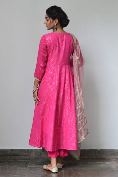 Shop Myaara Pink Anarkali Cotton Lurex Dupatta Organza Lining Embroidered Angarkha Set at Aza Fashions Shop_Myaara_Pink Anarkali Cotton Lurex Dupatta Organza Lining Embroidered Angarkha Set _at_Aza_Fashions