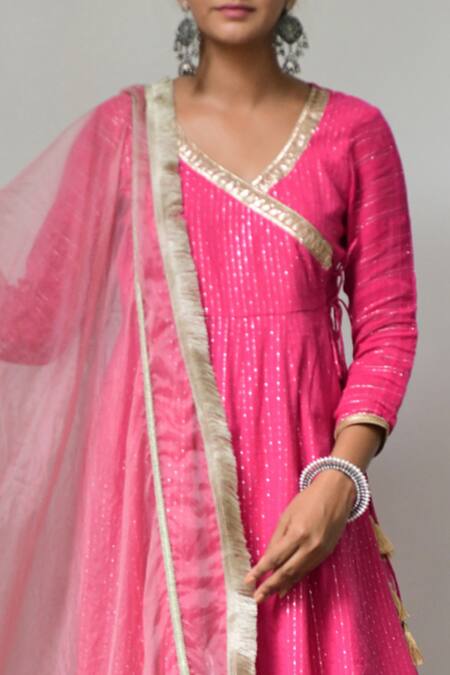 Myaara Pink Anarkali Cotton Lurex Dupatta Organza Lining Embroidered Angarkha Set at Aza Fashions Myaara_Pink Anarkali Cotton Lurex Dupatta Organza Lining Embroidered Angarkha Set _at_Aza_Fashions