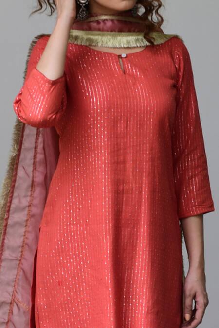 Shop Myaara Red Kurta Lurex Dupatta Organza Lining Round Striped Set Online at Aza Fashions Shop_Myaara_Red Kurta Lurex Dupatta Organza Lining Round Striped Set _Online_at_Aza_Fashions
