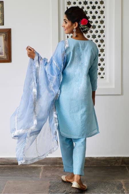 Shop Myaara Blue Kurta Lurex Dupatta Organza Lining Round Striped Set at Aza Fashions Shop_Myaara_Blue Kurta Lurex Dupatta Organza Lining Round Striped Set _at_Aza_Fashions