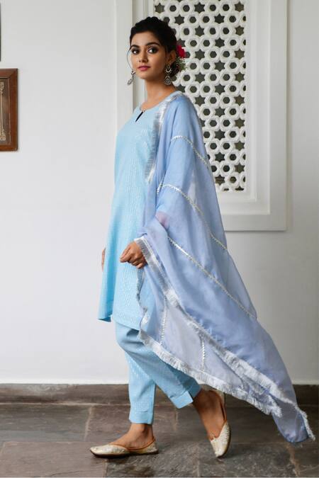 Myaara Blue Kurta Lurex Dupatta Organza Lining Round Striped Set Online at Aza Fashions Myaara_Blue Kurta Lurex Dupatta Organza Lining Round Striped Set _Online_at_Aza_Fashions