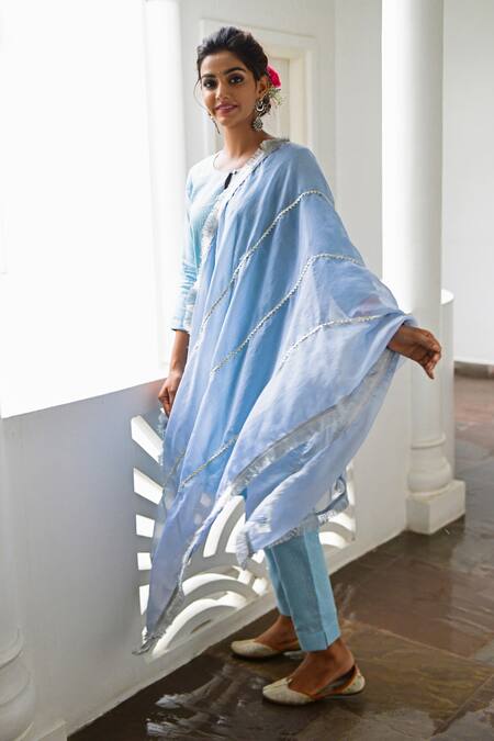 Buy Myaara Blue Kurta Lurex Dupatta Organza Lining Round Striped Set Online at Aza Fashions Buy_Myaara_Blue Kurta Lurex Dupatta Organza Lining Round Striped Set _Online_at_Aza_Fashions