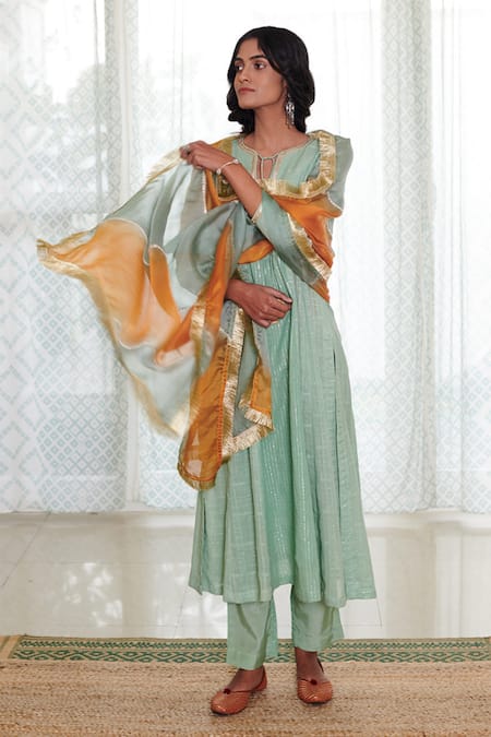 Myaara Green Anarkali Cotton Lurex Dupatta Organza Lining Cotton Flared Kurta Set Online at Aza Fashions Myaara_Green Anarkali Cotton Lurex Dupatta Organza Lining Cotton Flared Kurta Set _Online_at_Aza_Fashions