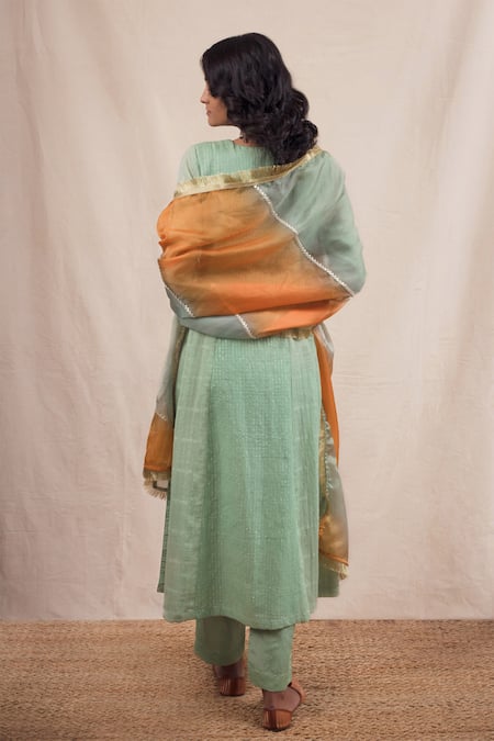 Shop Myaara Green Anarkali Cotton Lurex Dupatta Organza Lining Cotton Flared Kurta Set at Aza Fashions Shop_Myaara_Green Anarkali Cotton Lurex Dupatta Organza Lining Cotton Flared Kurta Set _at_Aza_Fashions