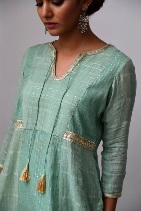 Shop Myaara Green Anarkali Cotton Lurex Dupatta Organza Lining Cotton Flared Kurta Set Online at Aza Fashions Shop_Myaara_Green Anarkali Cotton Lurex Dupatta Organza Lining Cotton Flared Kurta Set _Online_at_Aza_Fashions