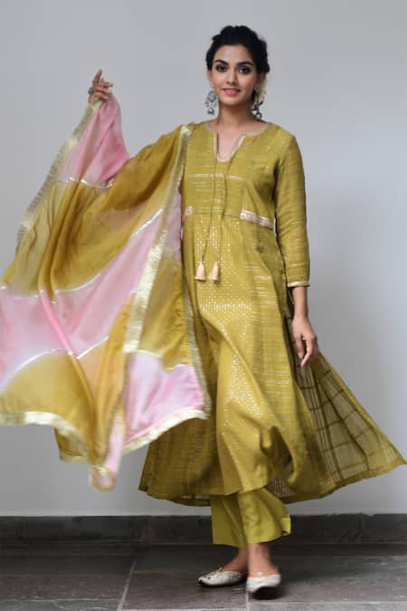 Myaara Green Anarkali Cotton Lurex Dupatta Organza Lining Cotton Flared Kurta Set 