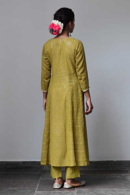 Shop Myaara Green Anarkali Cotton Lurex Dupatta Organza Lining Cotton Flared Kurta Set at Aza Fashions Shop_Myaara_Green Anarkali Cotton Lurex Dupatta Organza Lining Cotton Flared Kurta Set _at_Aza_Fashions