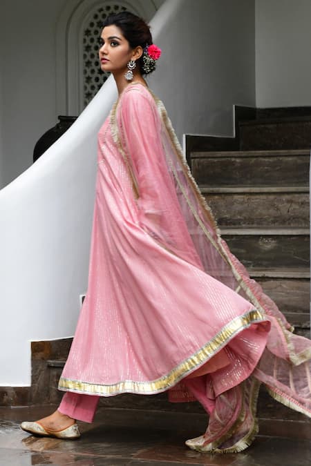 Shop Myaara Pink Anarkali Cotton Lurex Dupatta Organza Lining Cotton Embroidered Set at Aza Fashions Shop_Myaara_Pink Anarkali Cotton Lurex Dupatta Organza Lining Cotton Embroidered Set _at_Aza_Fashions