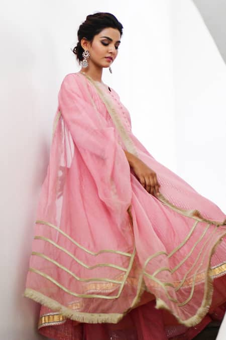 Myaara Pink Anarkali Cotton Lurex Dupatta Organza Lining Cotton Embroidered Set Online at Aza Fashions Myaara_Pink Anarkali Cotton Lurex Dupatta Organza Lining Cotton Embroidered Set _Online_at_Aza_Fashions