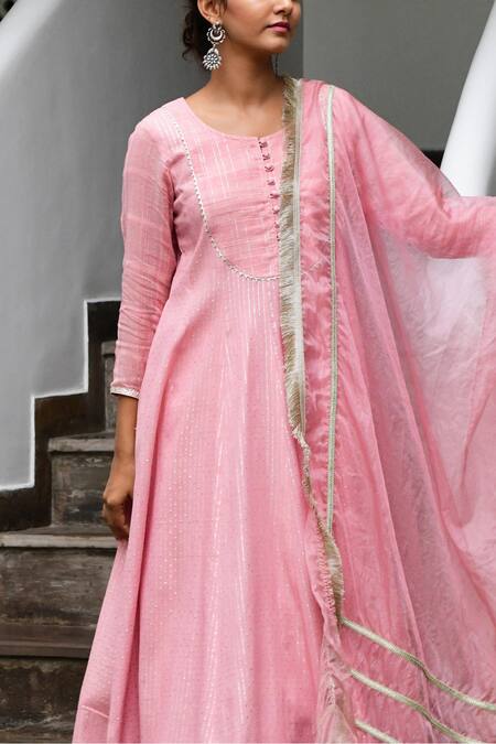 Buy Myaara Pink Anarkali Cotton Lurex Dupatta Organza Lining Cotton Embroidered Set Online at Aza Fashions Buy_Myaara_Pink Anarkali Cotton Lurex Dupatta Organza Lining Cotton Embroidered Set _Online_at_Aza_Fashions