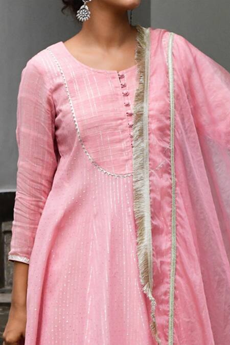 Shop Myaara Pink Anarkali Cotton Lurex Dupatta Organza Lining Cotton Embroidered Set Online at Aza Fashions Shop_Myaara_Pink Anarkali Cotton Lurex Dupatta Organza Lining Cotton Embroidered Set _Online_at_Aza_Fashions