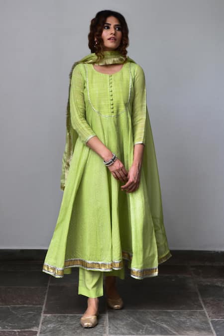 Myaara_Green Anarkali Cotton Lurex Dupatta Organza Lining Cotton Embroidered Set _Online_at_Aza_Fashions