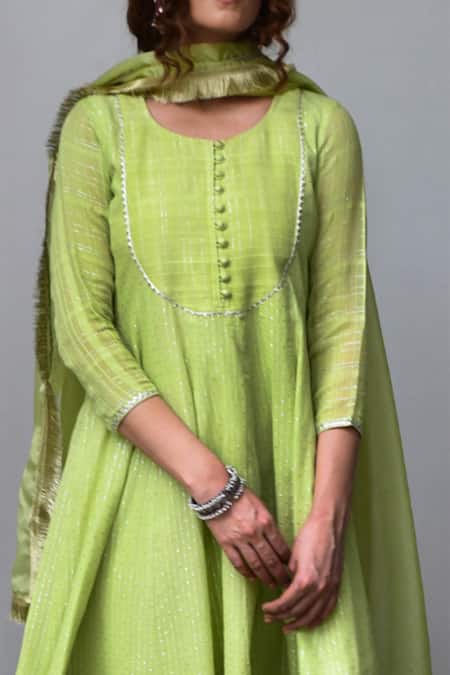 Buy_Myaara_Green Anarkali Cotton Lurex Dupatta Organza Lining Cotton Embroidered Set _Online_at_Aza_Fashions