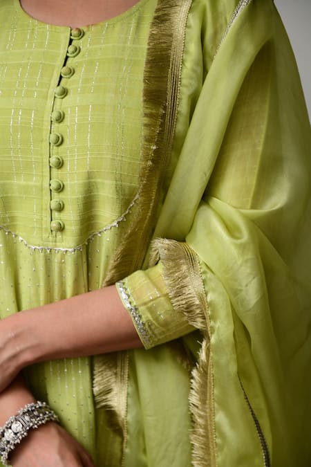 Shop_Myaara_Green Anarkali Cotton Lurex Dupatta Organza Lining Cotton Embroidered Set _Online_at_Aza_Fashions