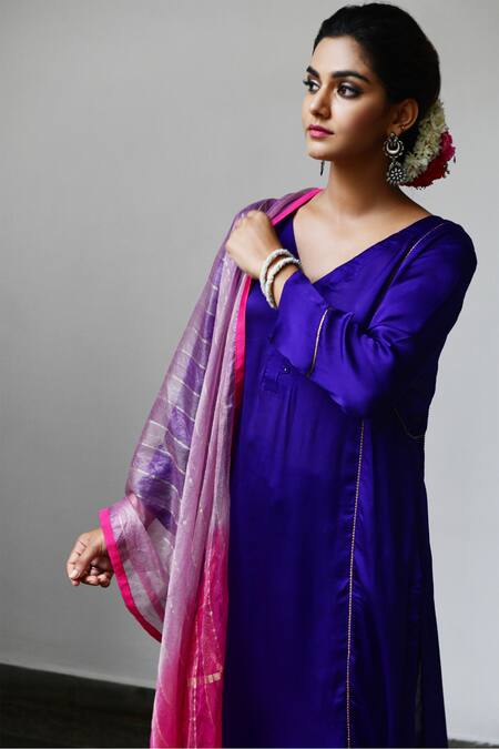 Shop Myaara Purple Kurta Satin Georgette Dupatta Organza Pant Cotton Silk Panelled Set Online at Aza Fashions Shop_Myaara_Purple Kurta Satin Georgette Dupatta Organza Pant Cotton Silk Panelled Set _Online_at_Aza_Fashions
