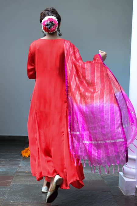 Shop Myaara Red Kurta Satin Georgette Dupatta Organza Pant Panelled Angrakha Set at Aza Fashions Shop_Myaara_Red Kurta Satin Georgette Dupatta Organza Pant Panelled Angrakha Set _at_Aza_Fashions