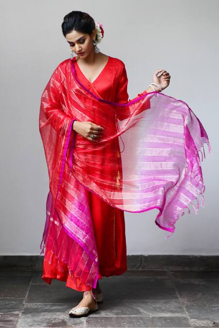 Buy Myaara Red Kurta Satin Georgette Dupatta Organza Pant Panelled Angrakha Set Online at Aza Fashions Buy_Myaara_Red Kurta Satin Georgette Dupatta Organza Pant Panelled Angrakha Set _Online_at_Aza_Fashions