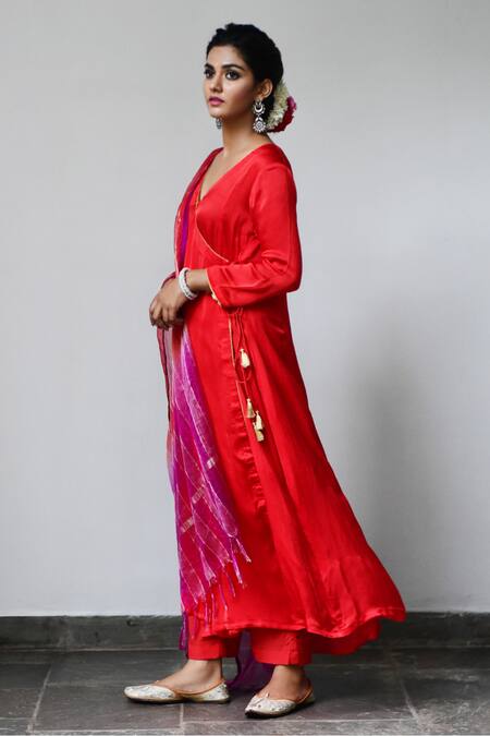 Shop Myaara Red Kurta Satin Georgette Dupatta Organza Pant Panelled Angrakha Set Online at Aza Fashions Shop_Myaara_Red Kurta Satin Georgette Dupatta Organza Pant Panelled Angrakha Set _Online_at_Aza_Fashions