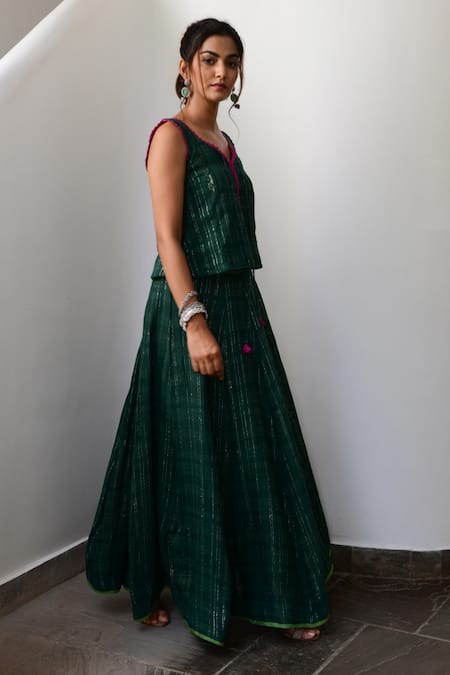 Myaara_Green Cotton Lurex V Neck Handwoven Top And Skirt Set _Online_at_Aza_Fashions