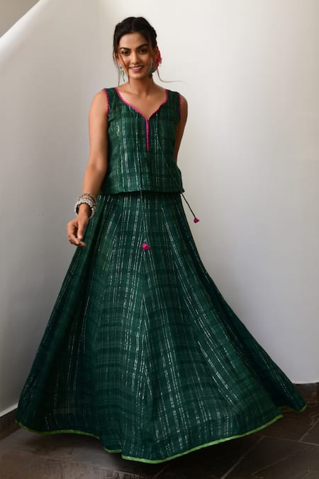 Myaara Green Cotton Lurex Embroidery V Neck Handwoven Top And Skirt Set 