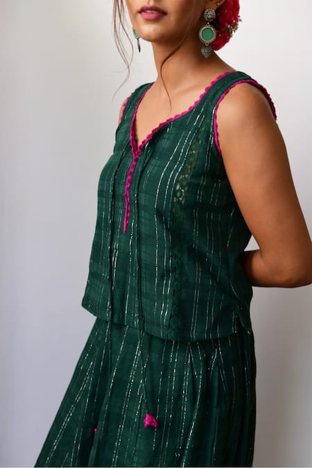 Shop_Myaara_Green Cotton Lurex V Neck Handwoven Top And Skirt Set _Online_at_Aza_Fashions