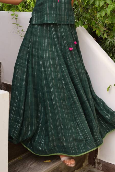 Myaara_Green Cotton Lurex V Neck Handwoven Top And Skirt Set _at_Aza_Fashions