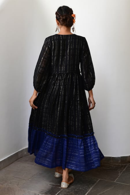 Shop Myaara Black Cotton Lurex V Neck Striped Handwoven Dress at Aza Fashions Shop_Myaara_Black Cotton Lurex V Neck Striped Handwoven Dress _at_Aza_Fashions