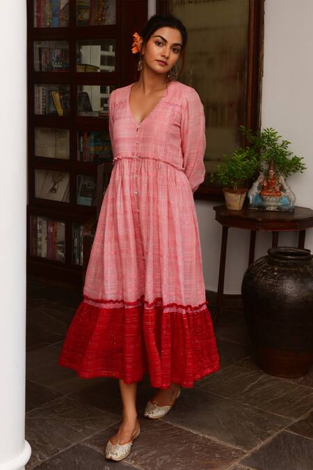 Buy Myaara Pink Cotton Lurex V Neck Striped Handwoven Dress Online at Aza Fashions Buy_Myaara_Pink Cotton Lurex V Neck Striped Handwoven Dress _Online_at_Aza_Fashions
